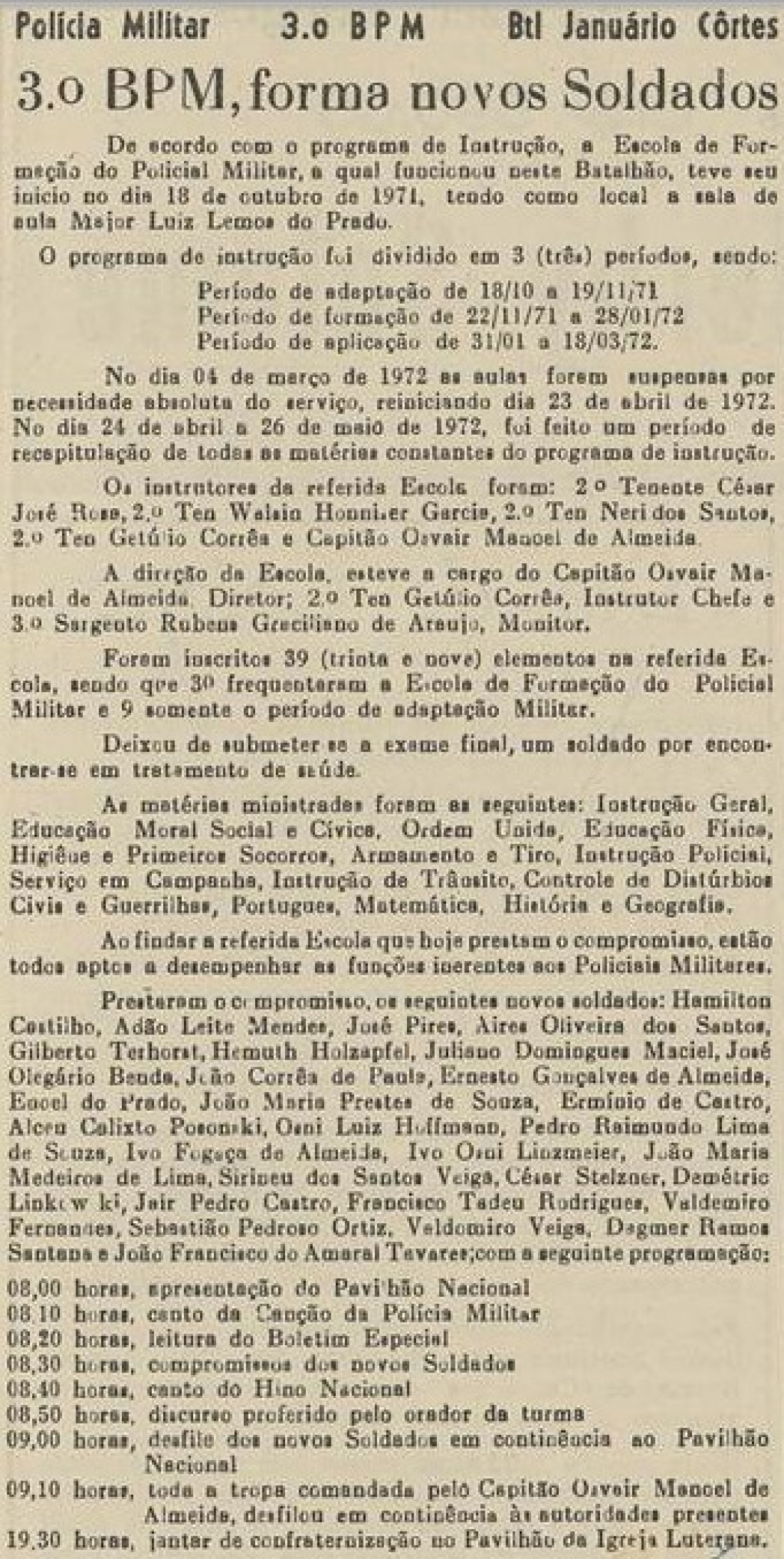 Reportagem sobre a formatura de soldados. 3ºBPM. Jornal Correio do Norte de 22 de julho de 1972