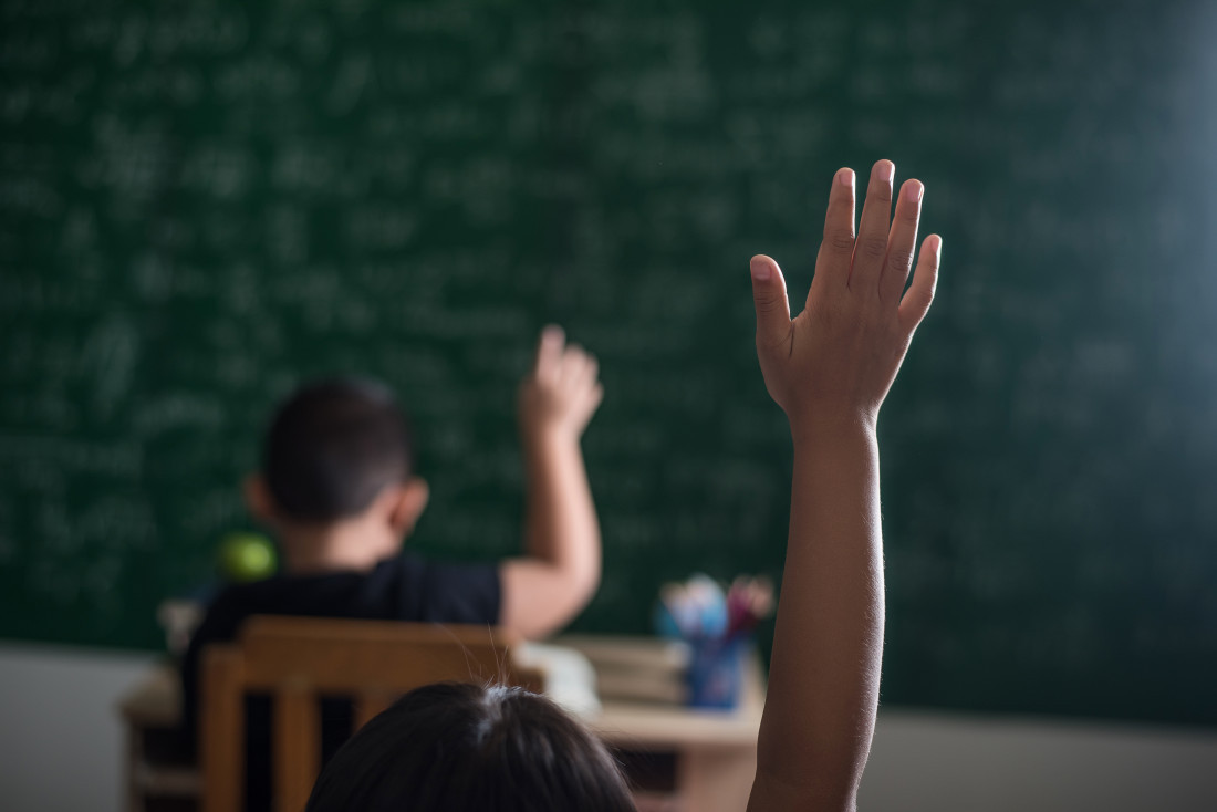  kid raising his hand in classroom