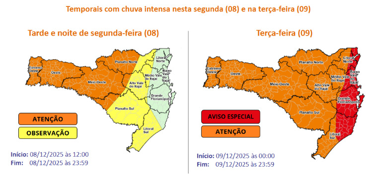 Ciclone extratropical deve intensificar chuva, vento e agitação marítima entre terça e quinta-feira em Santa Catarina, com risco moderado a alto para ocorrências