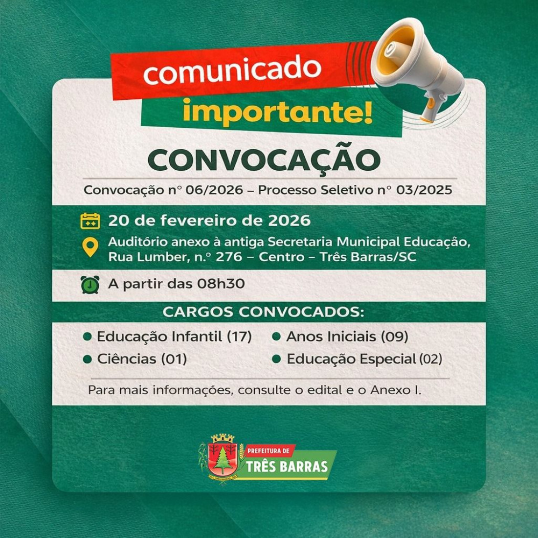 Convocação município de Três Barras - Processo Seletivo