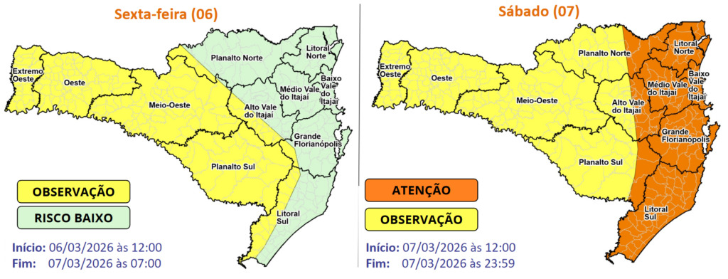 Fim de semana em Canoinhas ter&aacute; chuva, calor e risco de temporais isolados; Defesa Civil alerta para ventos fortes e alagamentos.