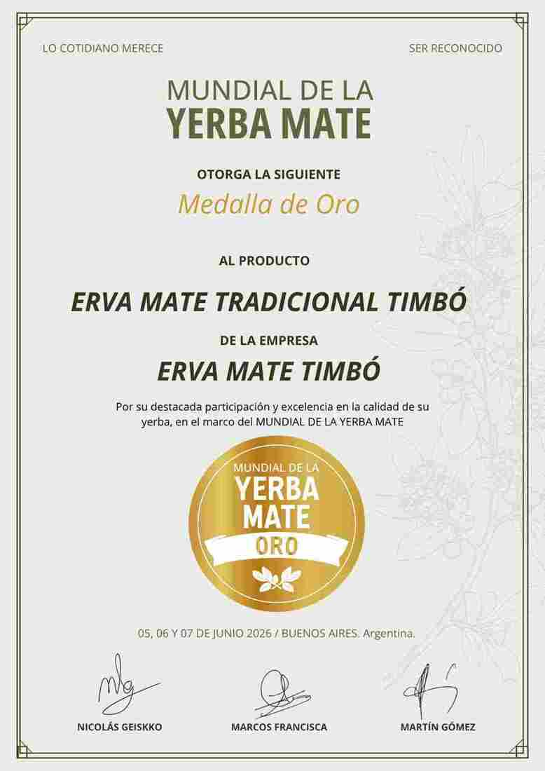 A Erva Mate Timb&oacute; foi reconhecida com a Medalha de Ouro no Mundial de la Yerba Mate 2026