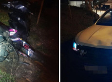 Colis&atilde;o entre moto e caminhonete aconteceu na noite de segunda-feira (20); motociclista foi levada ao hospital pelos bombeiros.