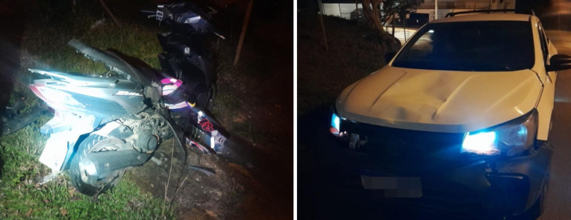 Colisão entre moto e caminhonete aconteceu na noite de segunda-feira (20); motociclista foi levada ao hospital pelos bombeiros.