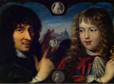 Jean Varin, gravador-geral das moedas francesas de 1647 e o jovem Rei Louis XIV, mostrando moedas