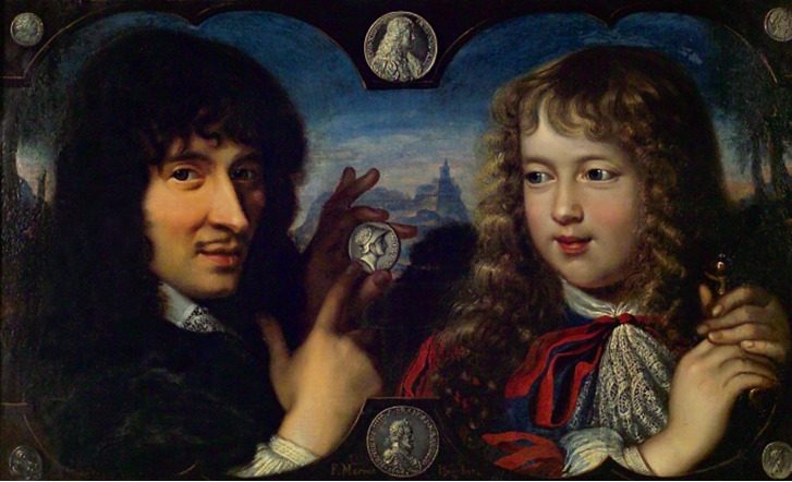Jean Varin, gravador-geral das moedas francesas de 1647 e o jovem Rei Louis XIV, mostrando moedas