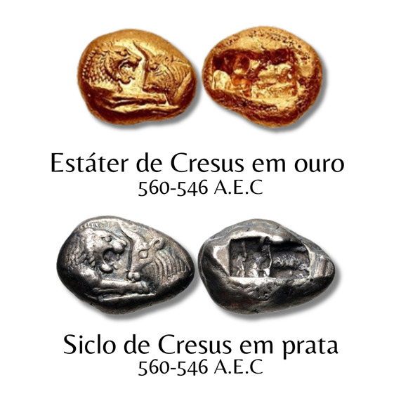 Acredita-se que as primeiras moedas de ouro puro e prata pura tenham sido produzidas na mesma casa da moeda das moedas de electrum. 