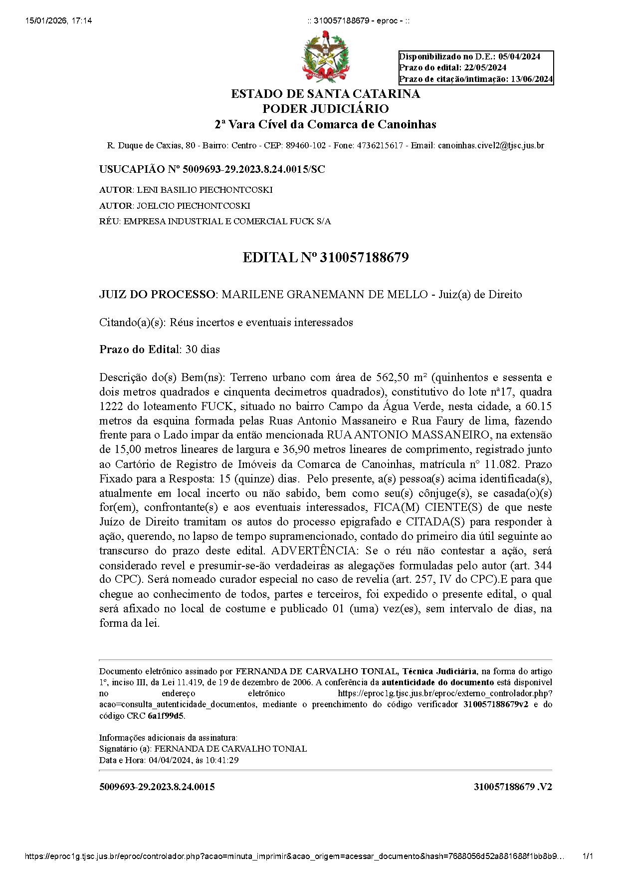 2ª Vara Cível da Comarca de Canoinhas